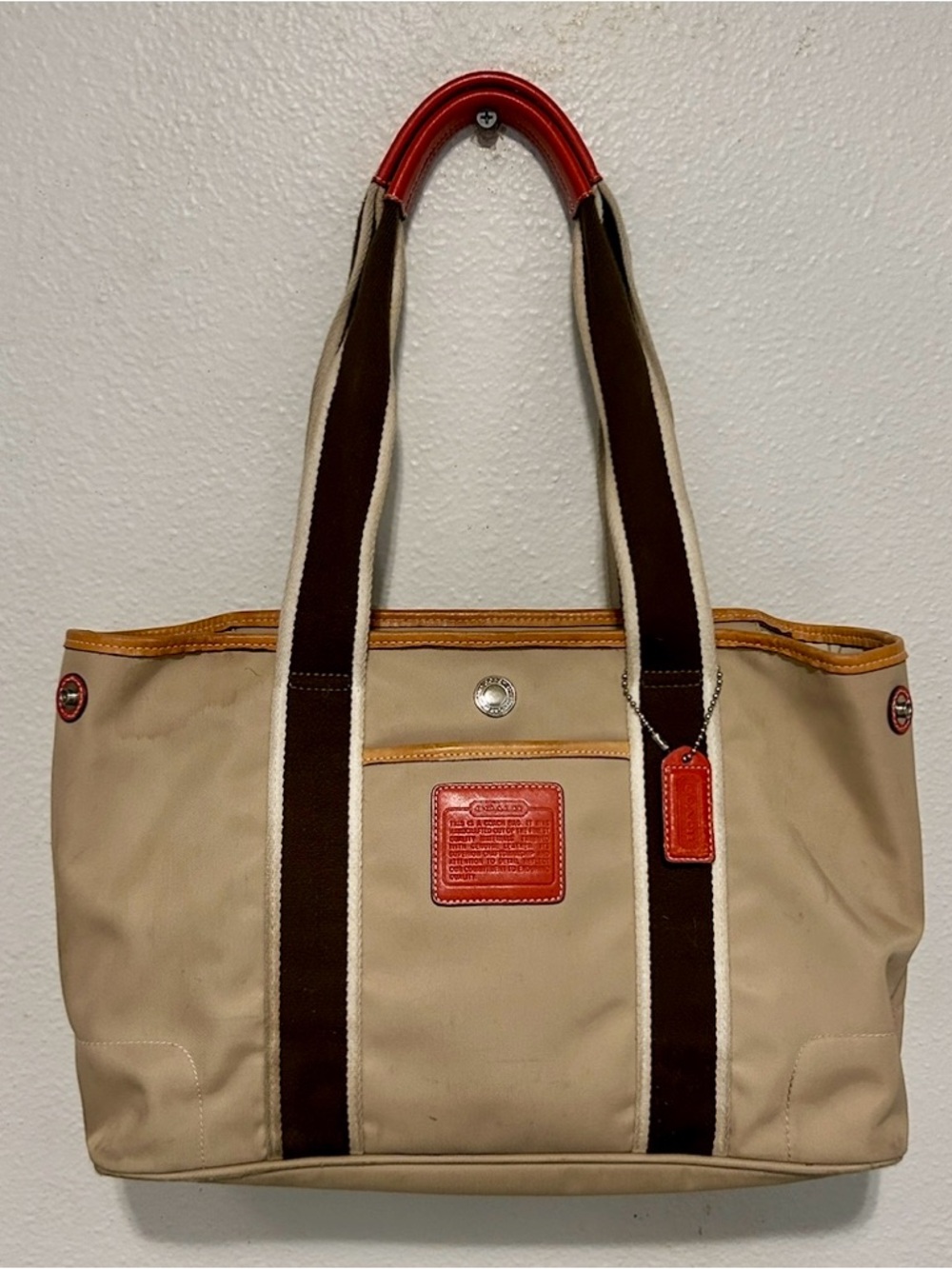 COACH VTG Y2K Hampton Weekender Tote Bag Leather Canvas Beige Red Brown Vintage